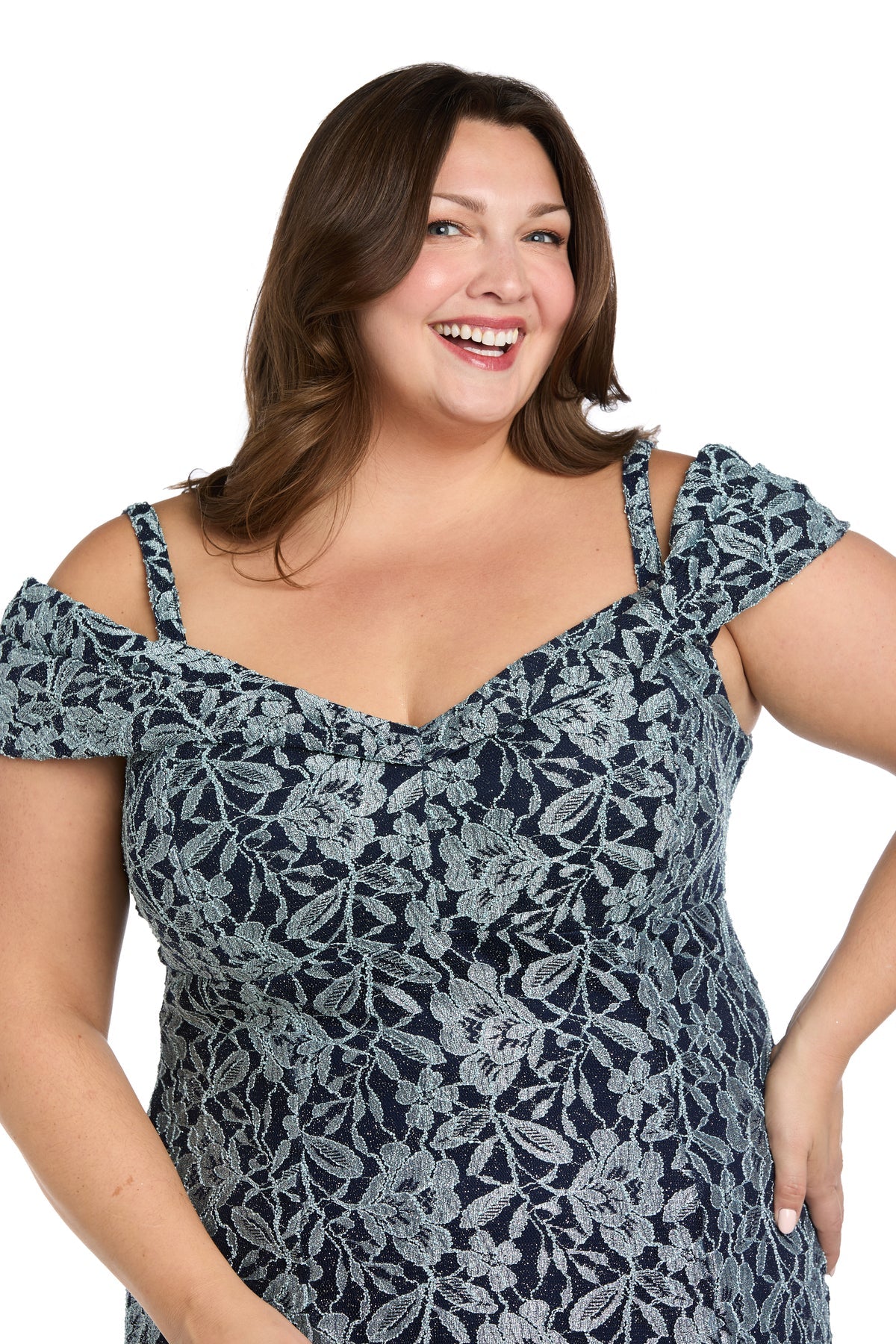 Plus Size Dresses Glitter Long Lace Formal Plus Size Dress R&M Richards 3754W Navy/Slate