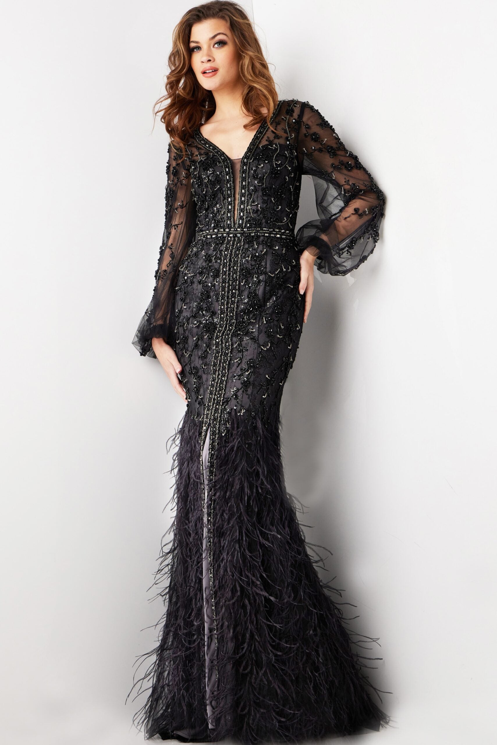 Formal Dresses Long Beaded Mermaid Feather Evening Formal Dress Black