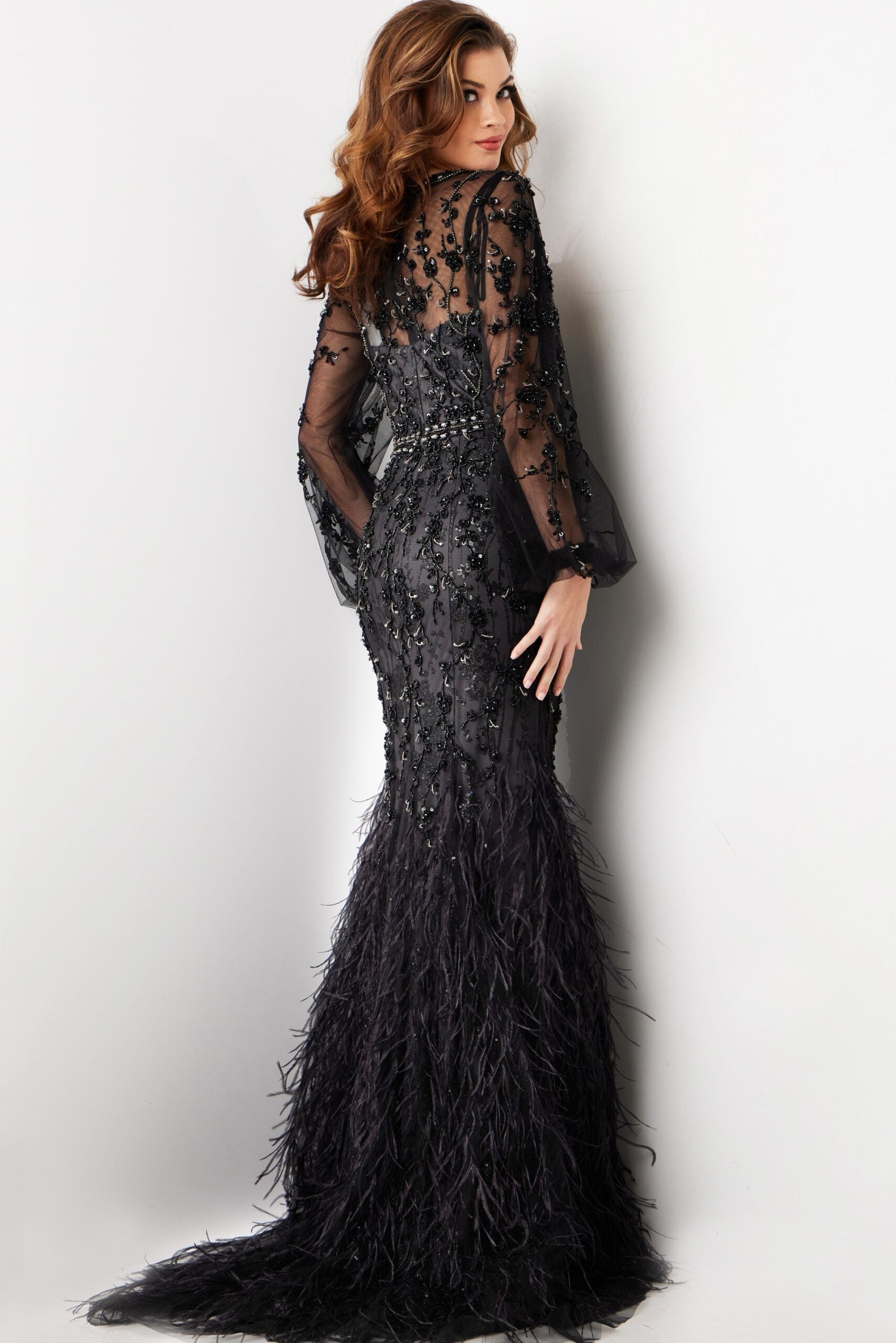 Formal Dresses Long Beaded Mermaid Feather Evening Formal Dress Black