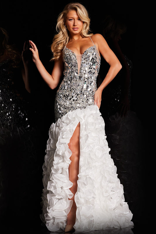 Prom Dresses Long Formal Metallic Ruffled Skirt Prom Dress Ivory