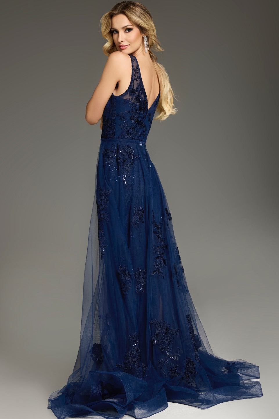 Formal Dresses Long Fitted Sequin Formal Overskirt Evening Dress Navy