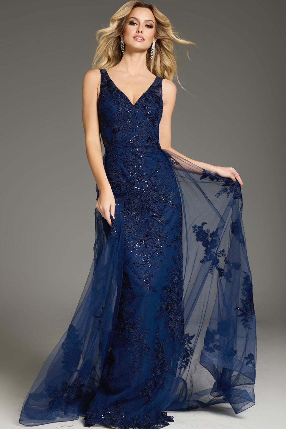Formal Dresses Long Fitted Sequin Formal Overskirt Evening Dress Navy