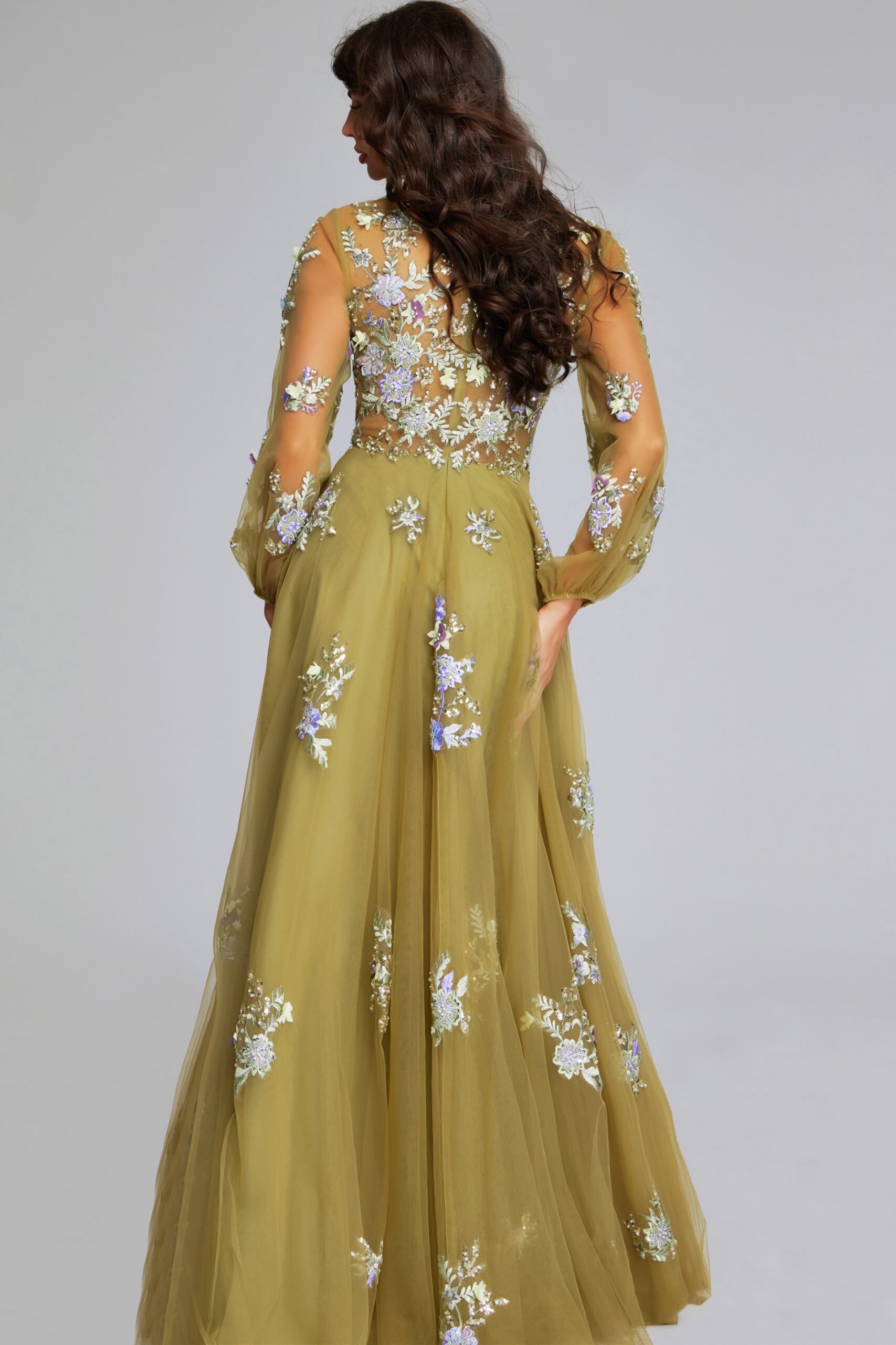 Formal Dresses Floral Long Sleeve A Line Formal Dress Green