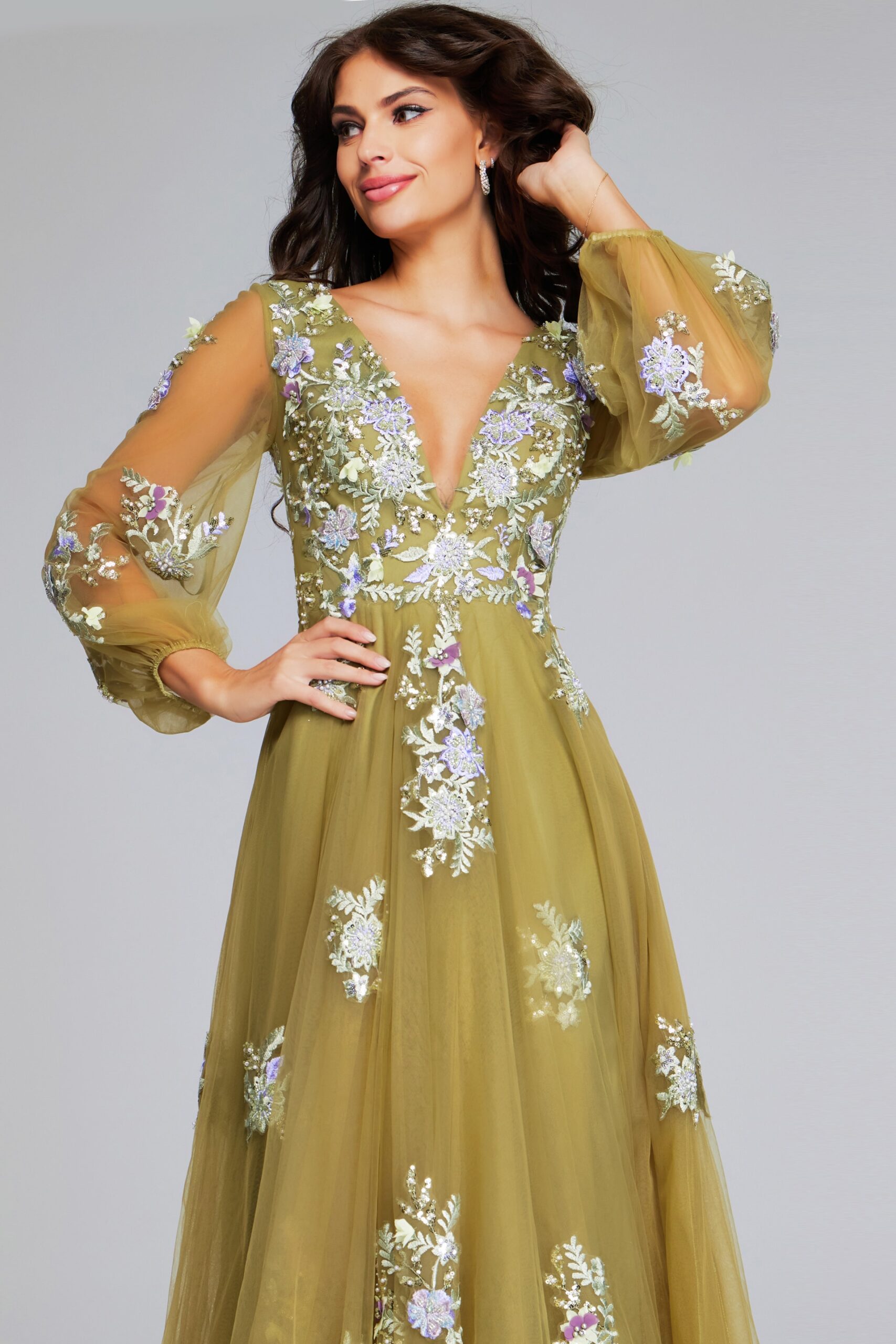 Formal Dresses Floral Long Sleeve A Line Formal Dress Green