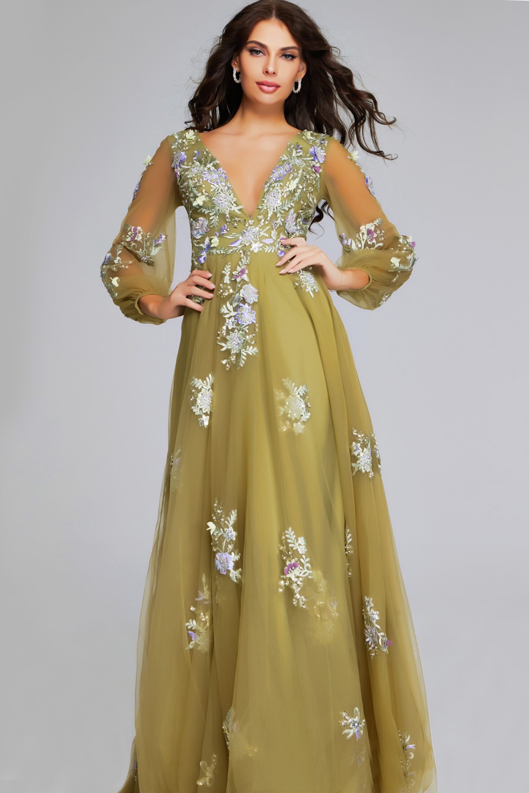 Formal Dresses Floral Long Sleeve A Line Formal Dress Green