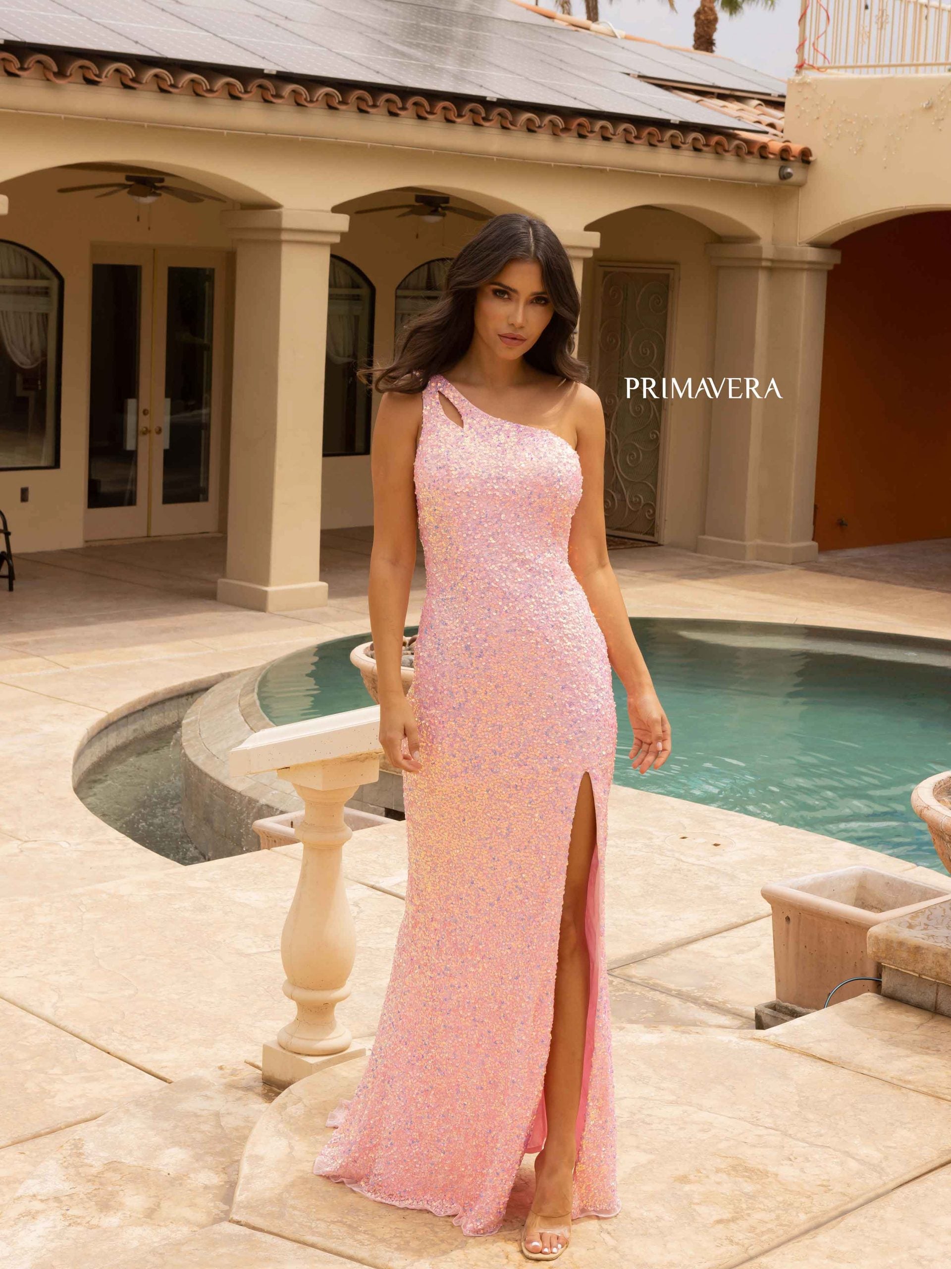 Prom Dresses Asymmetrical Fitted Long Sequin Prom Dress Baby Pink