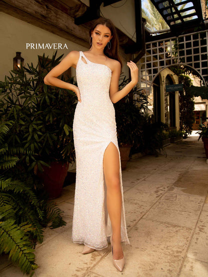 Prom Dresses Asymmetrical Fitted Long Sequin Prom Dress Ivory
