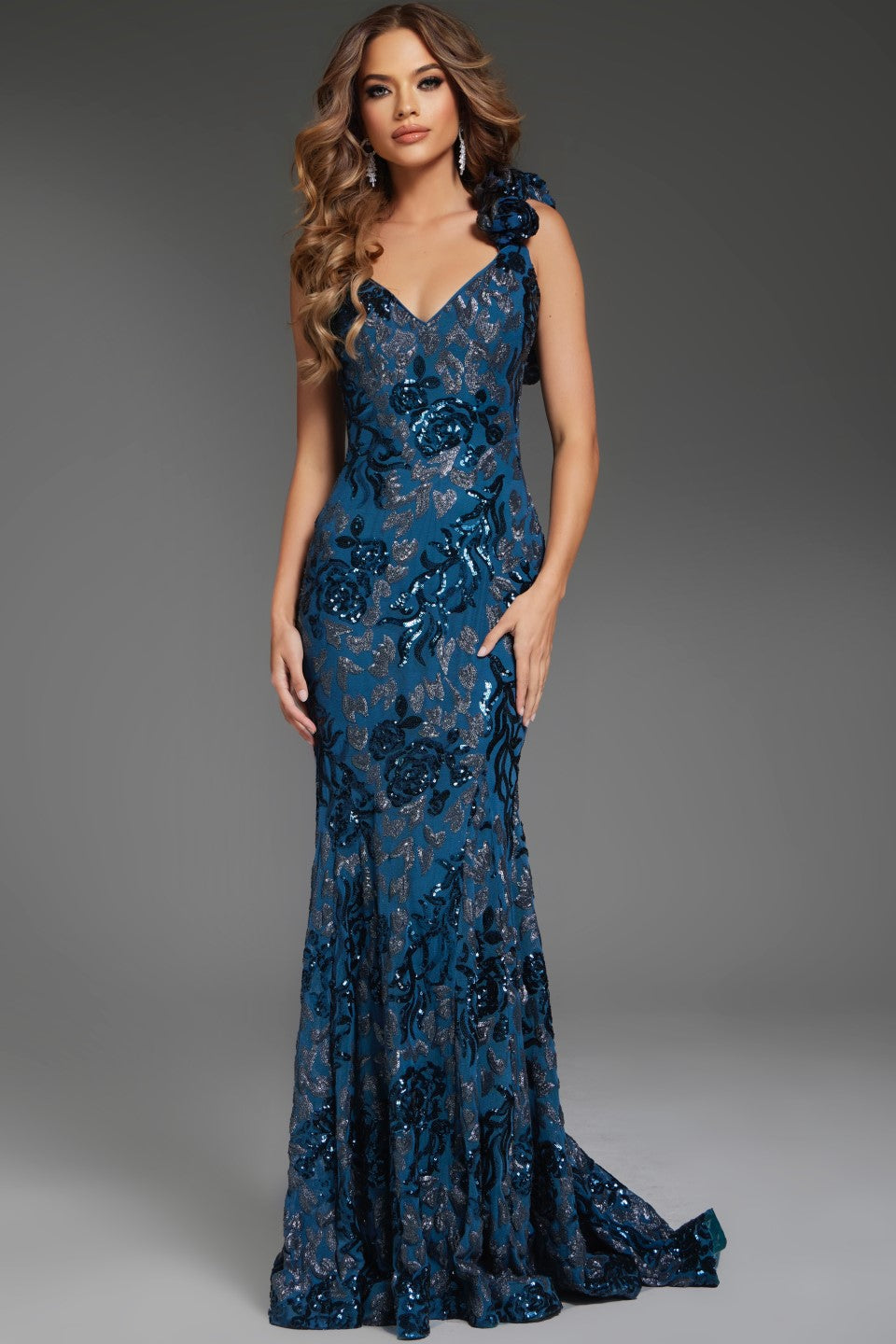Jovani 37634  Long Fitted Floral Formal Prom Dress