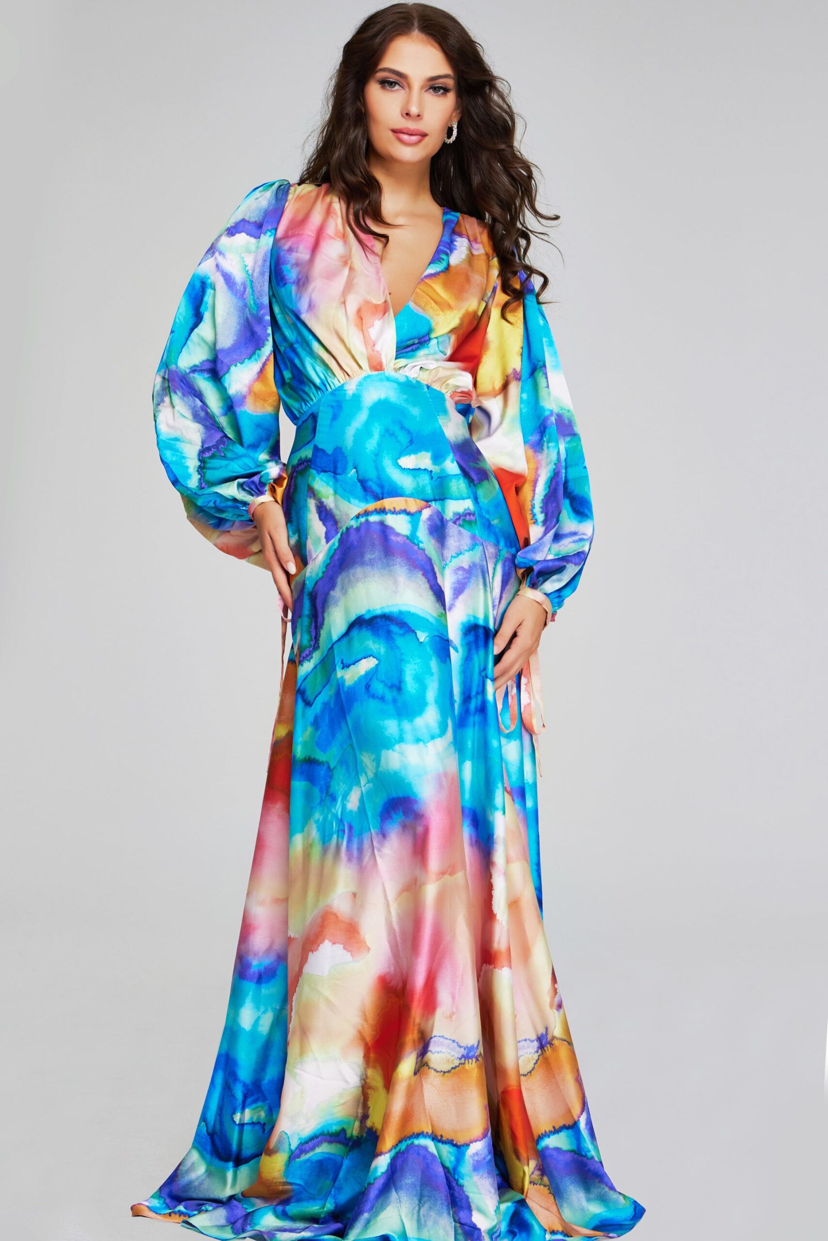 Jovani 37669 A Line Long Sleeve Formal Floral Evening Dress