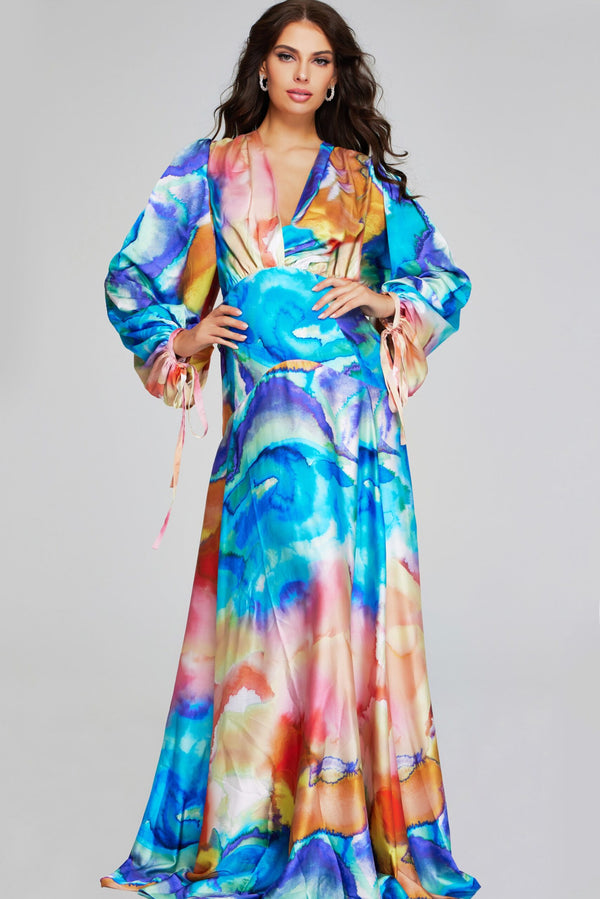 Jovani 37669 A Line Long Sleeve Formal Floral Evening Dress
