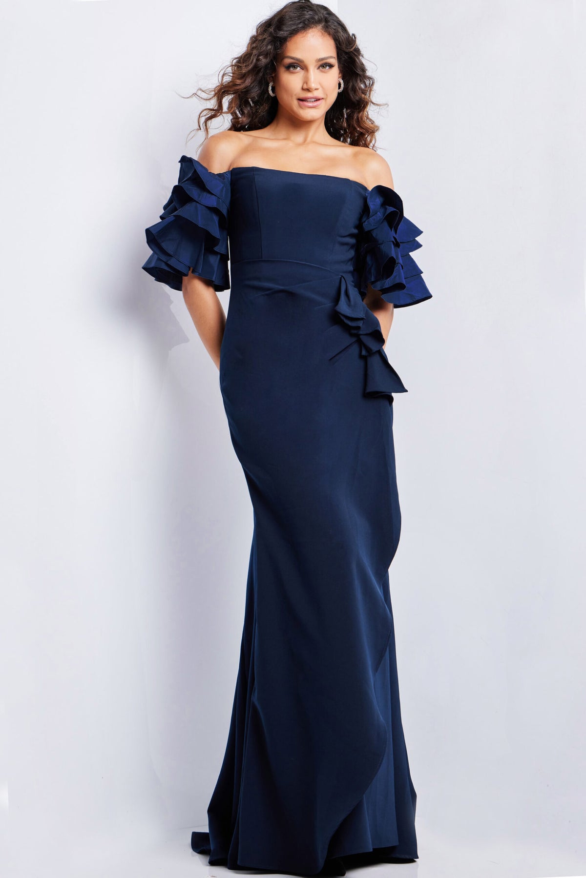 Formal Dresses Long Mermaid Fit Evening Formal Ruffled Dress Navy