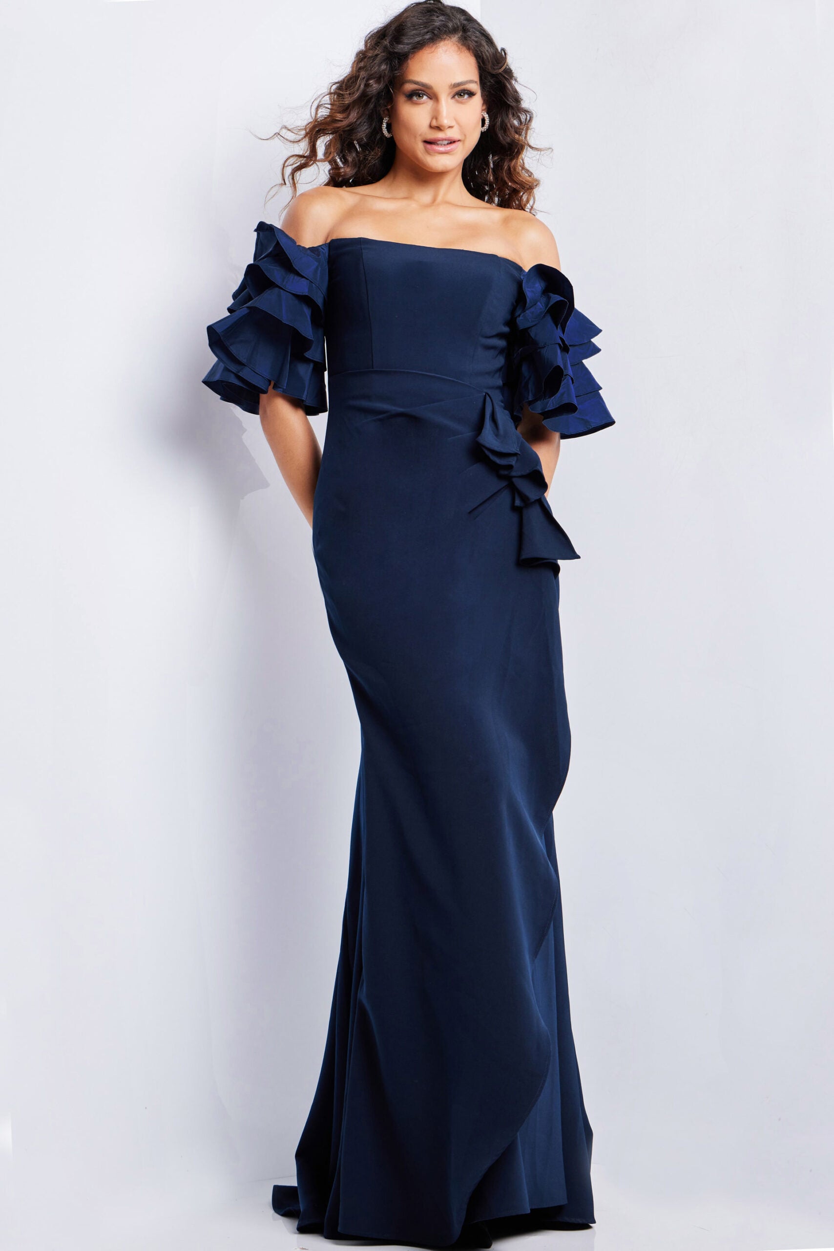 Formal Dresses Long Mermaid Fit Evening Formal Ruffled Dress Navy