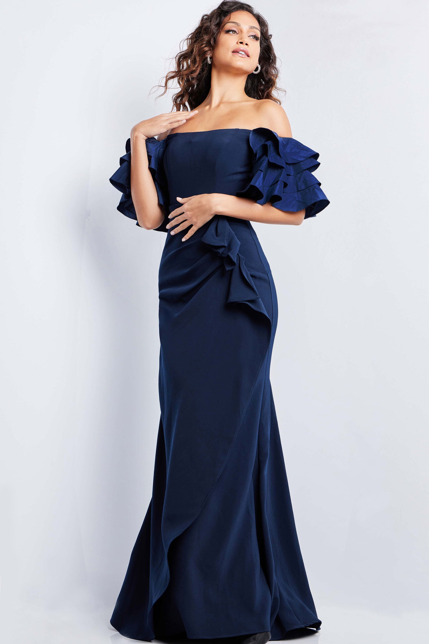 Formal Dresses Long Mermaid Fit Evening Formal Ruffled Dress Navy