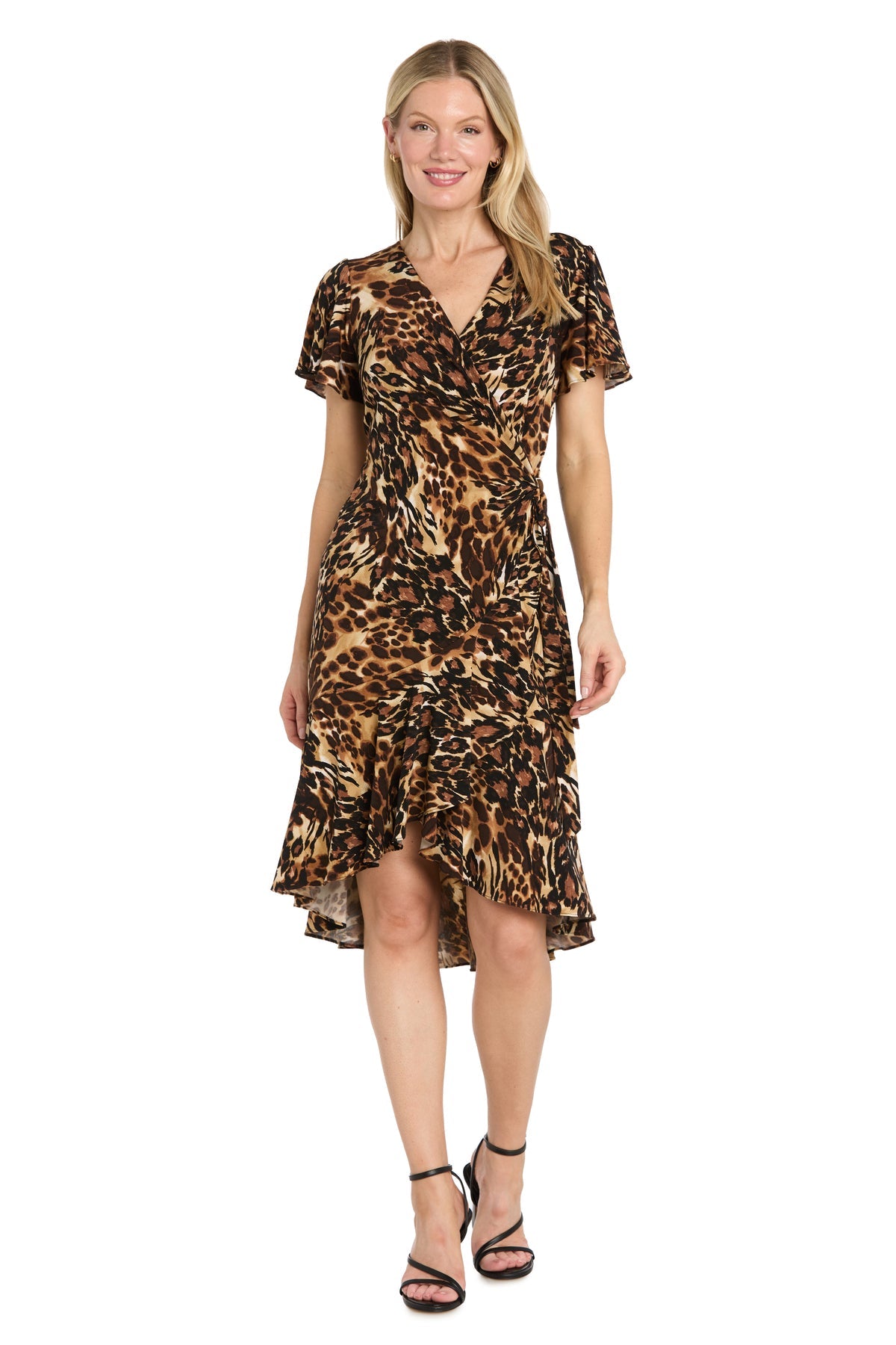 Black/Brown R&M Richards 3771 V-Neck High-Low Jersey Cocktail Dress Ruffle