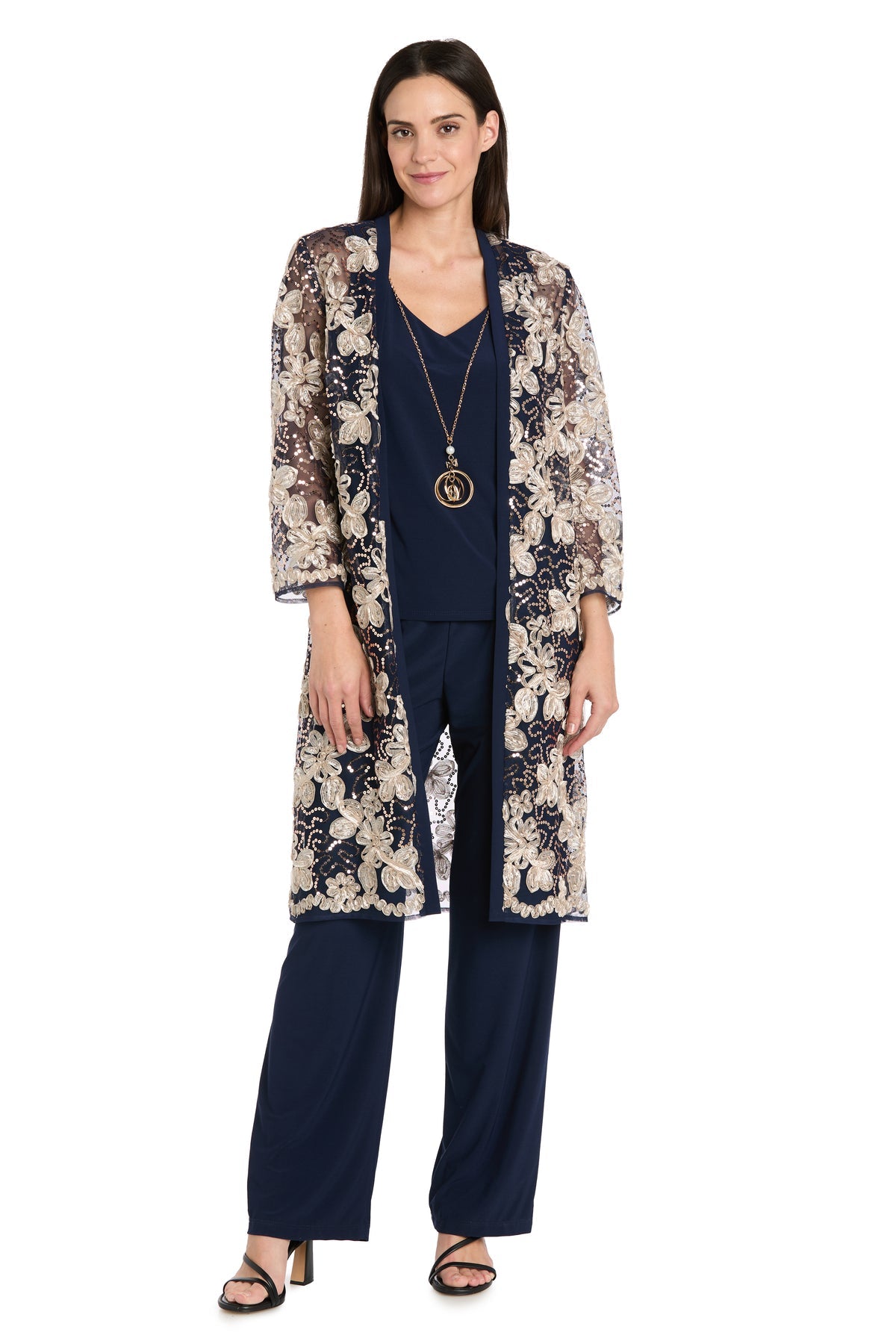 Pant Suit Long Formal Floral Pant Suit  Navy/Gold