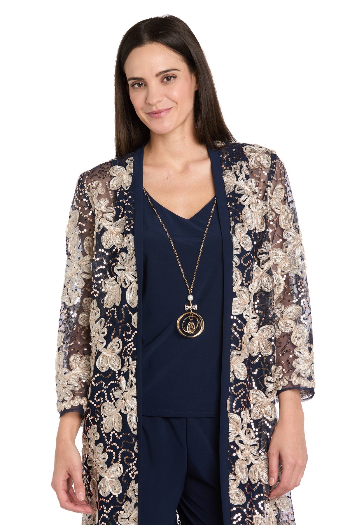 Pant Suit Long Formal Floral Pant Suit  Navy/Gold