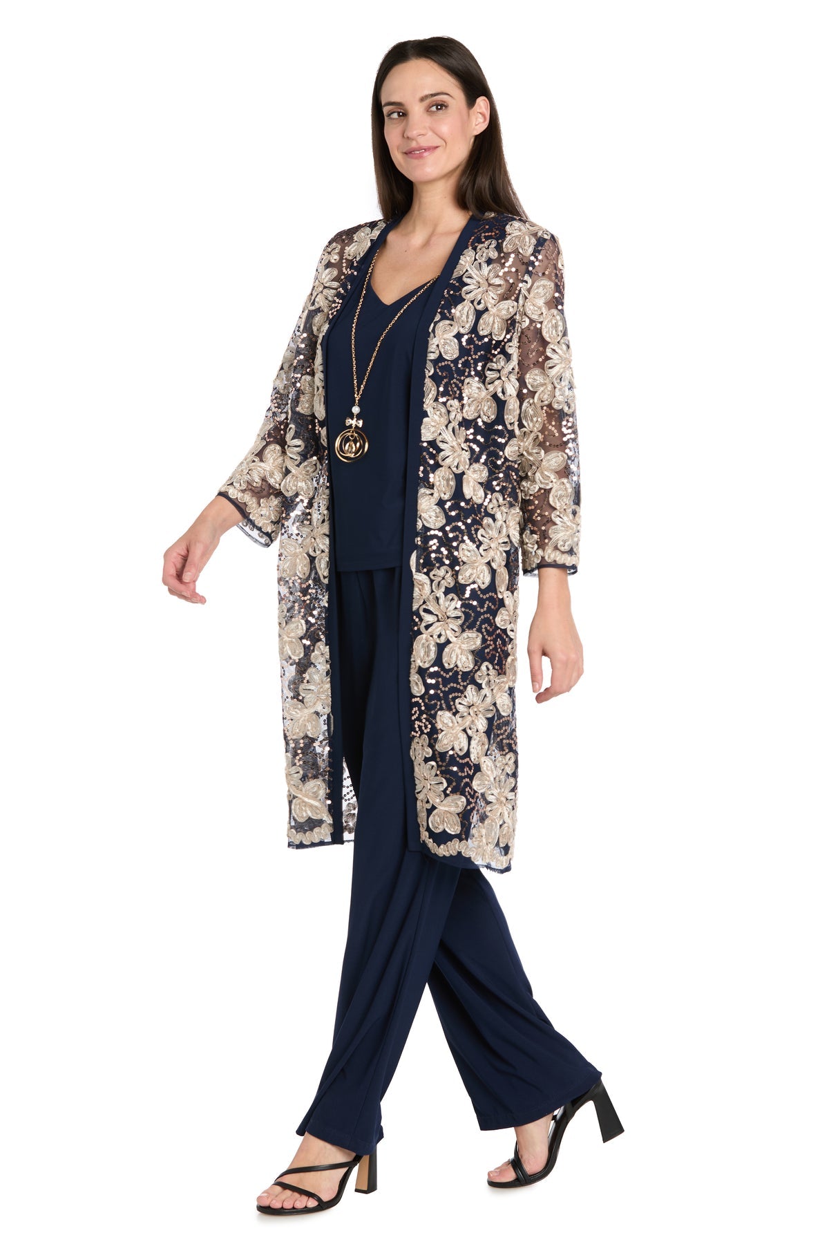 Pant Suit Long Formal Floral Pant Suit  Navy/Gold