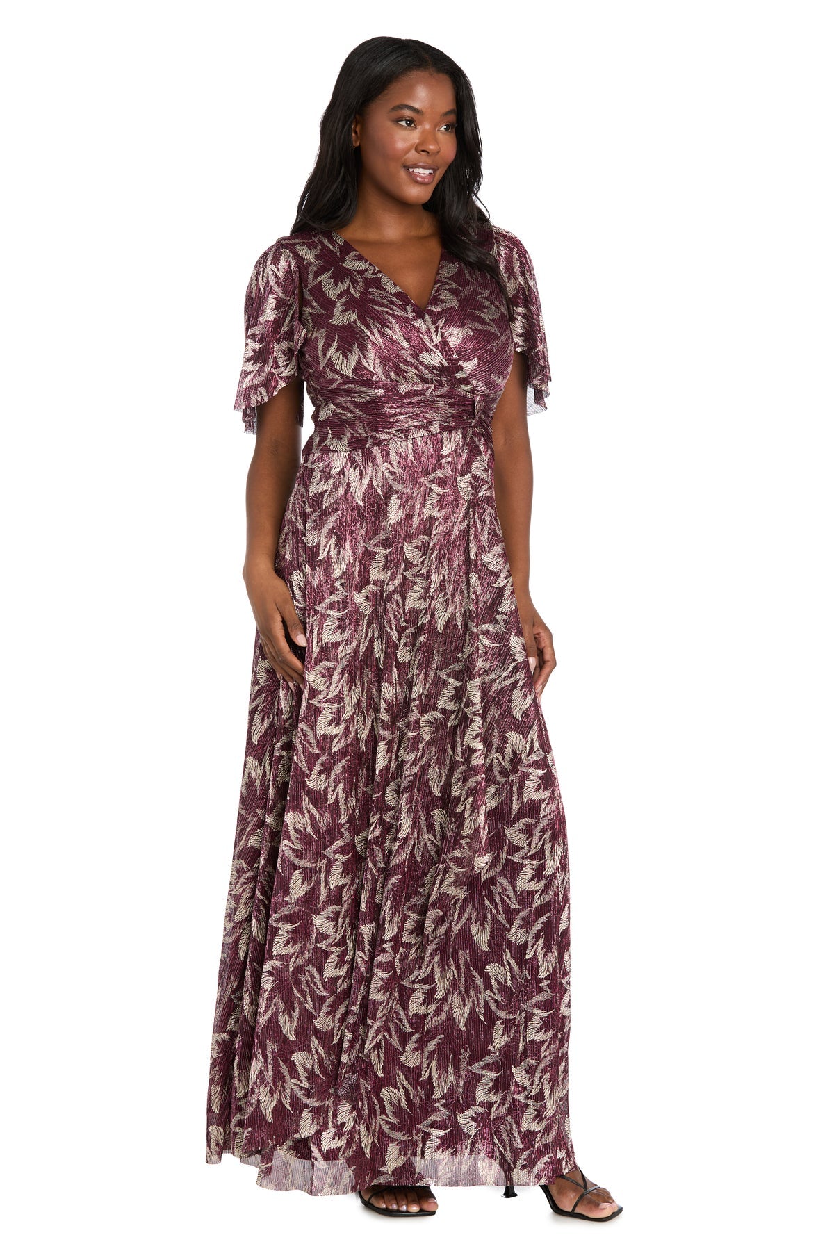 R & M Richards Women's Long Metallic Printed Dress, Gold, 14