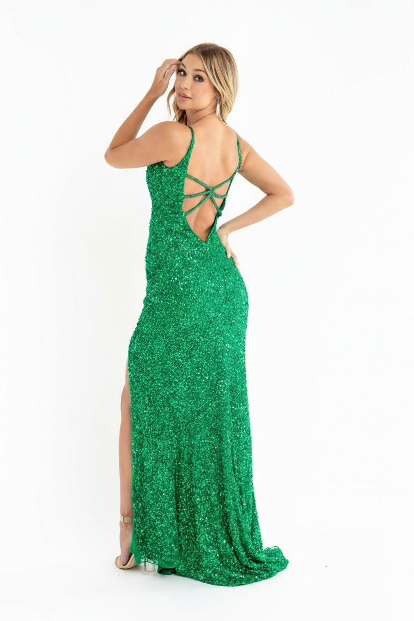Prom Dresses Prom Fitted Long Formal Sequin Slit Dress Emerald