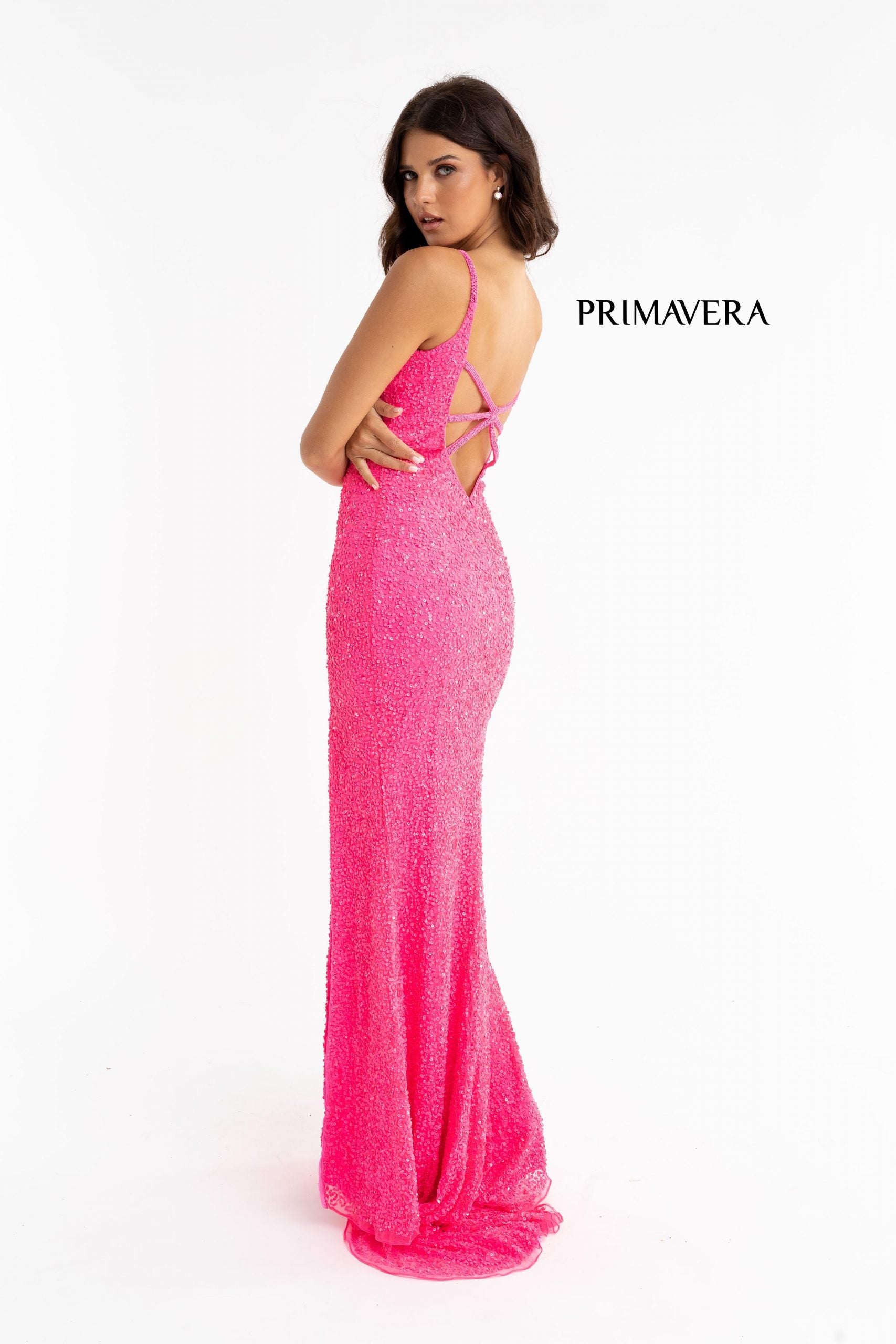 Prom Dresses Long Fitted Sequin Formal Slit Prom Gown Neon Pink