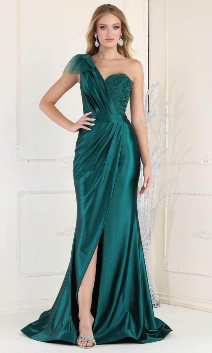 One-Shoulder Floor-Length with Train Satin Prom Sheath/Column May Queen RQ7962