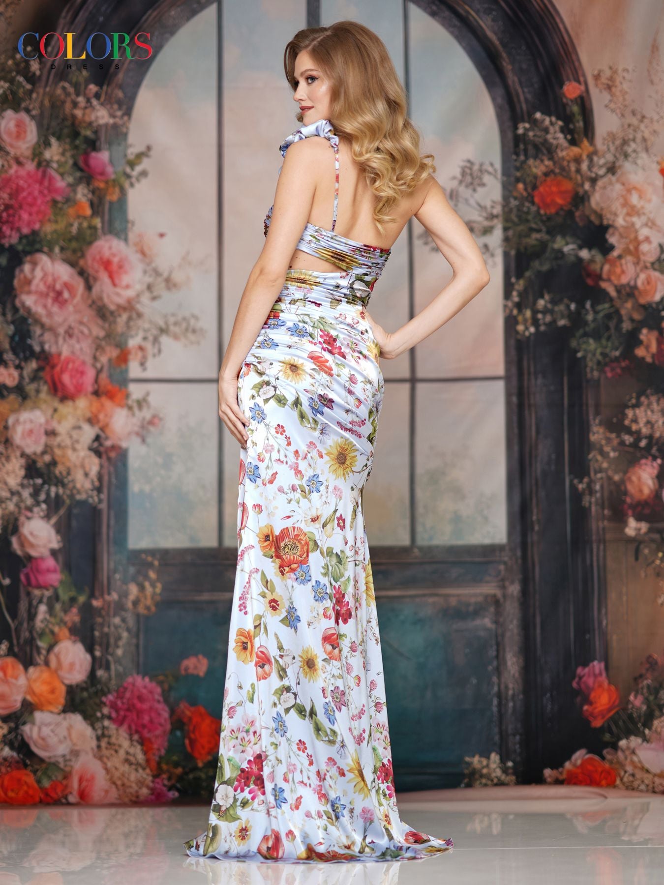 Prom Dresses Long Formal Floral Fitted Print Prom Dress Blue Multi