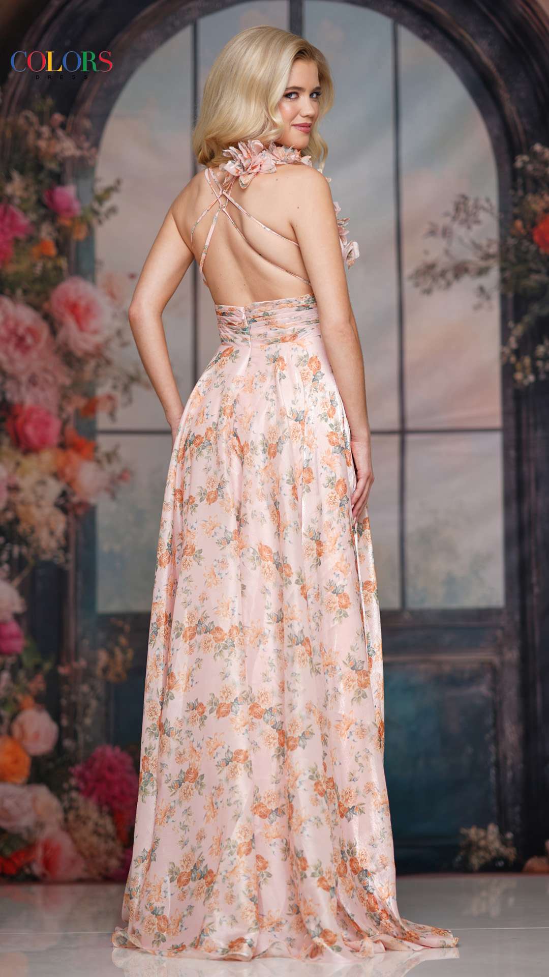 Prom Dresses A Line Long Formal Floral Print Prom Dress Peach