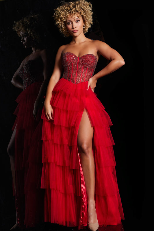 Prom Dresses Long Beaded Formal Layered Skirt Prom Dress Red