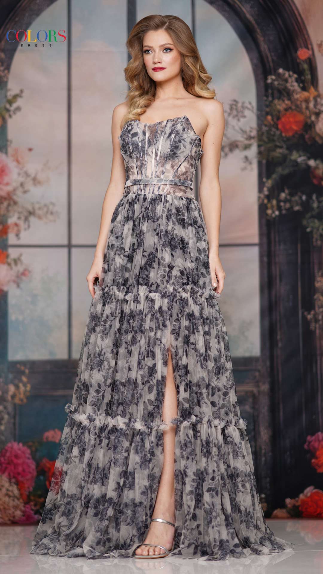 Prom Dresses Long Formal Corset A Line Ruffle Floral Prom Dress Black