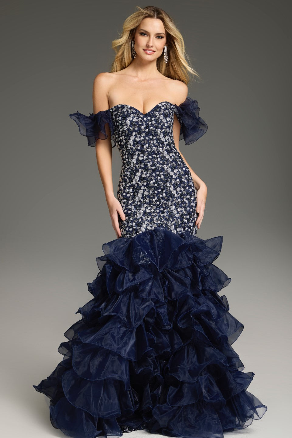 Formal Dresses Prom Long Mermaid Floral Applique Evening Formal Dress Navy