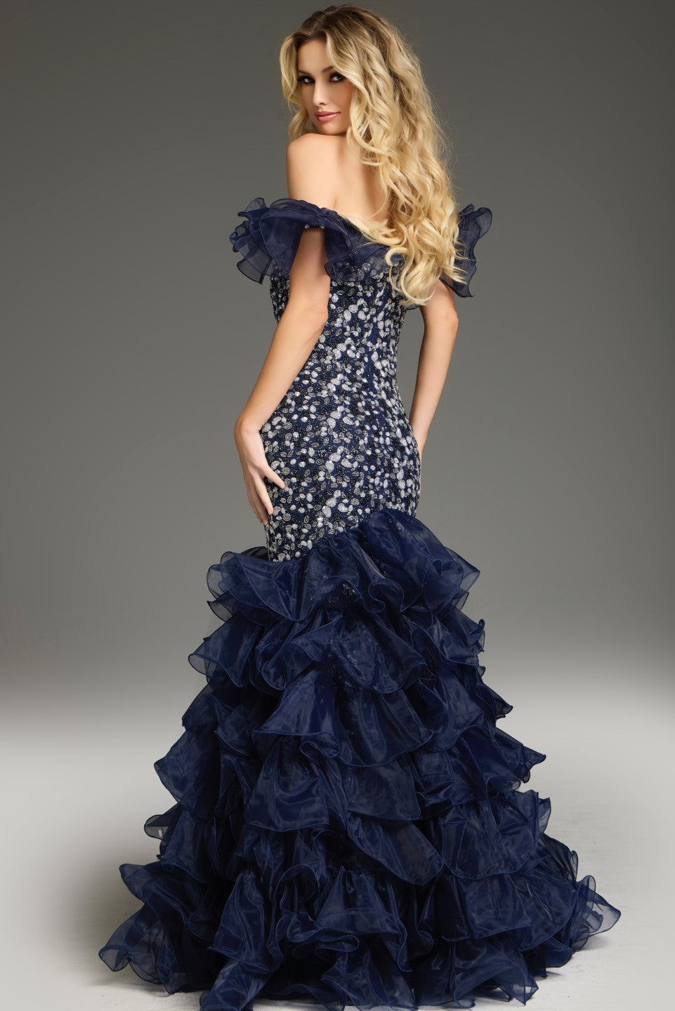 Formal Dresses Prom Long Mermaid Floral Applique Evening Formal Dress Navy