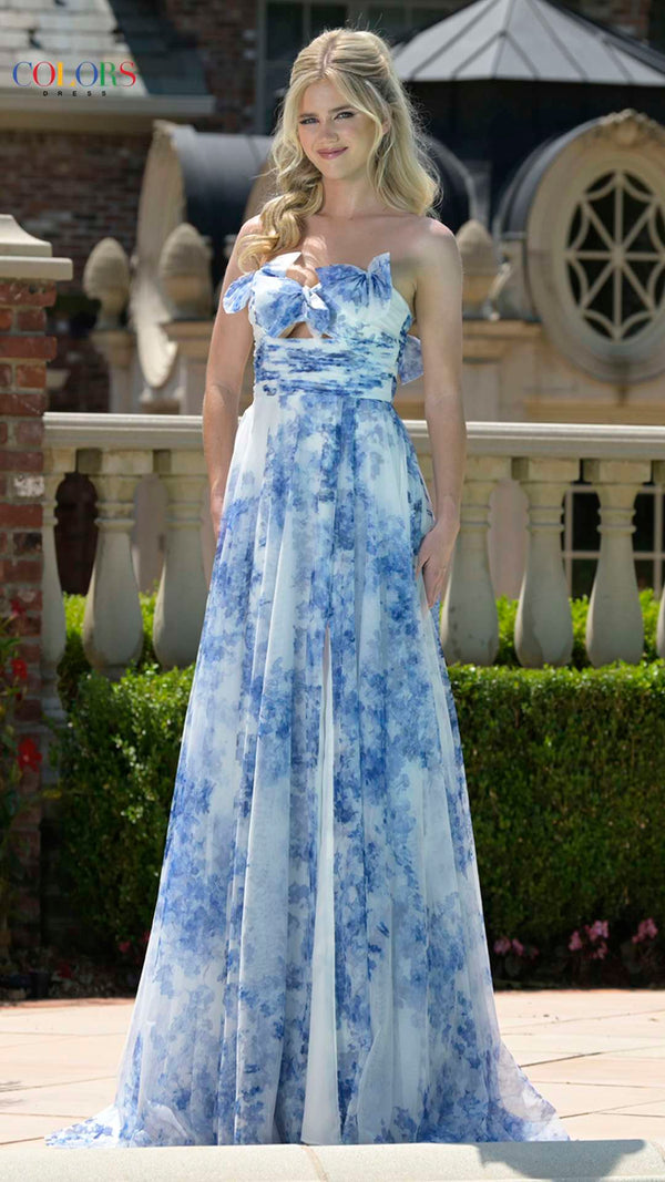 Colors 3811 A Line Long Formal Print Prom Dress
