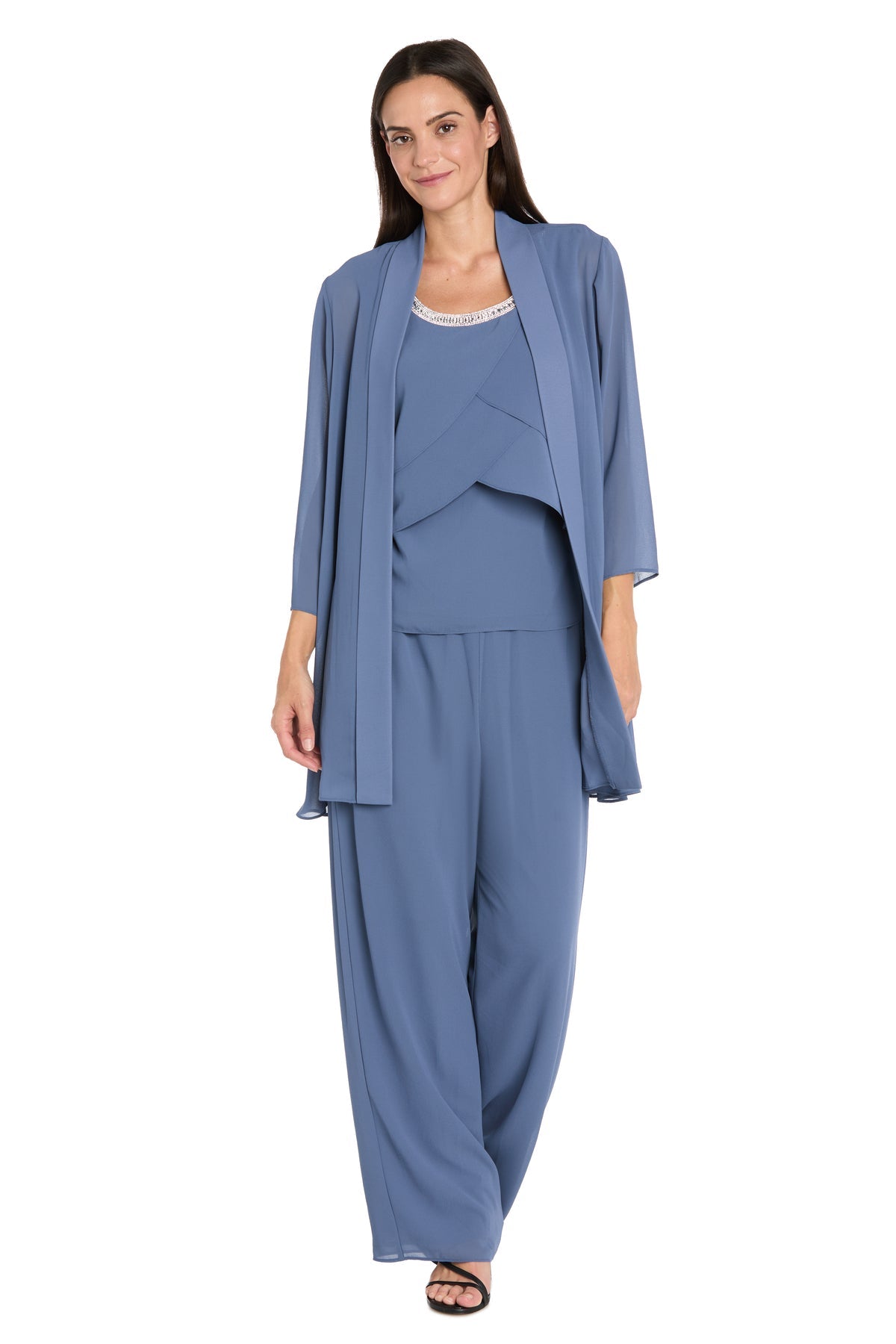 Scoop Neck Long Chiffon Pant Set by R&M Richards 3811P in Dark Slate