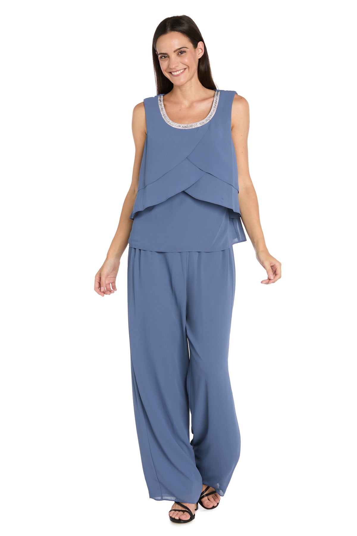 Scoop Neck Long Chiffon Pant Set by R&M Richards 3811P in Dark Slate