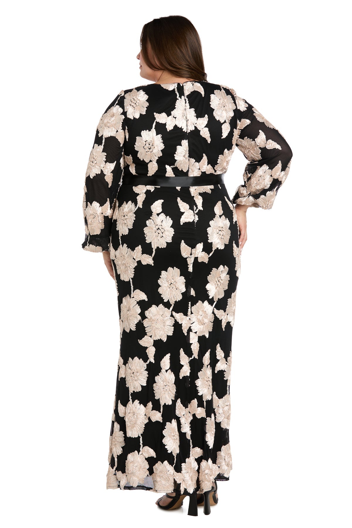 Plus Size Dresses Long Sleeve Floral Formal Mother of the Bride Dress R&M Richards 3815W Black/Champagne