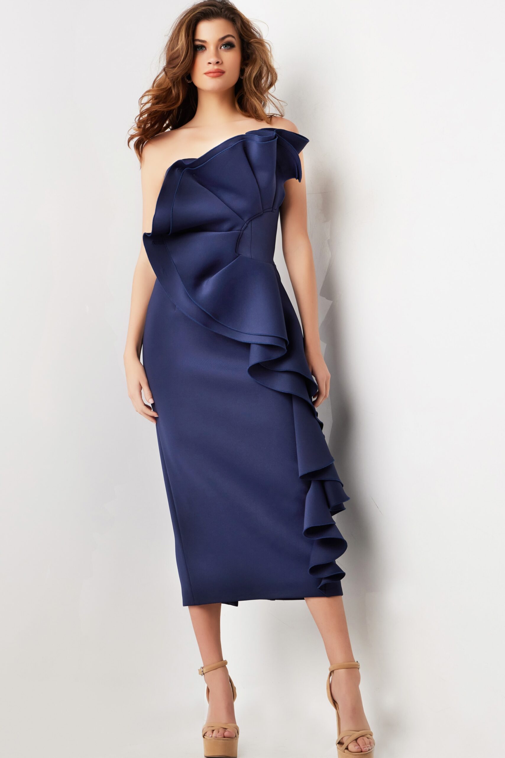 Jovani 38187 Short Mermaid Fit Ruffled Cocktail Midi Dress Jovani 38187 Short Mermaid Fit Ruffled Cocktail Midi Dress