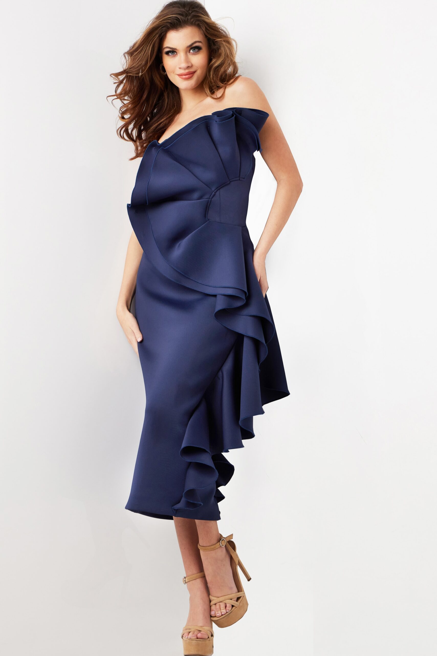 Jovani 38187 Short Mermaid Fit Ruffled Cocktail Midi Dress