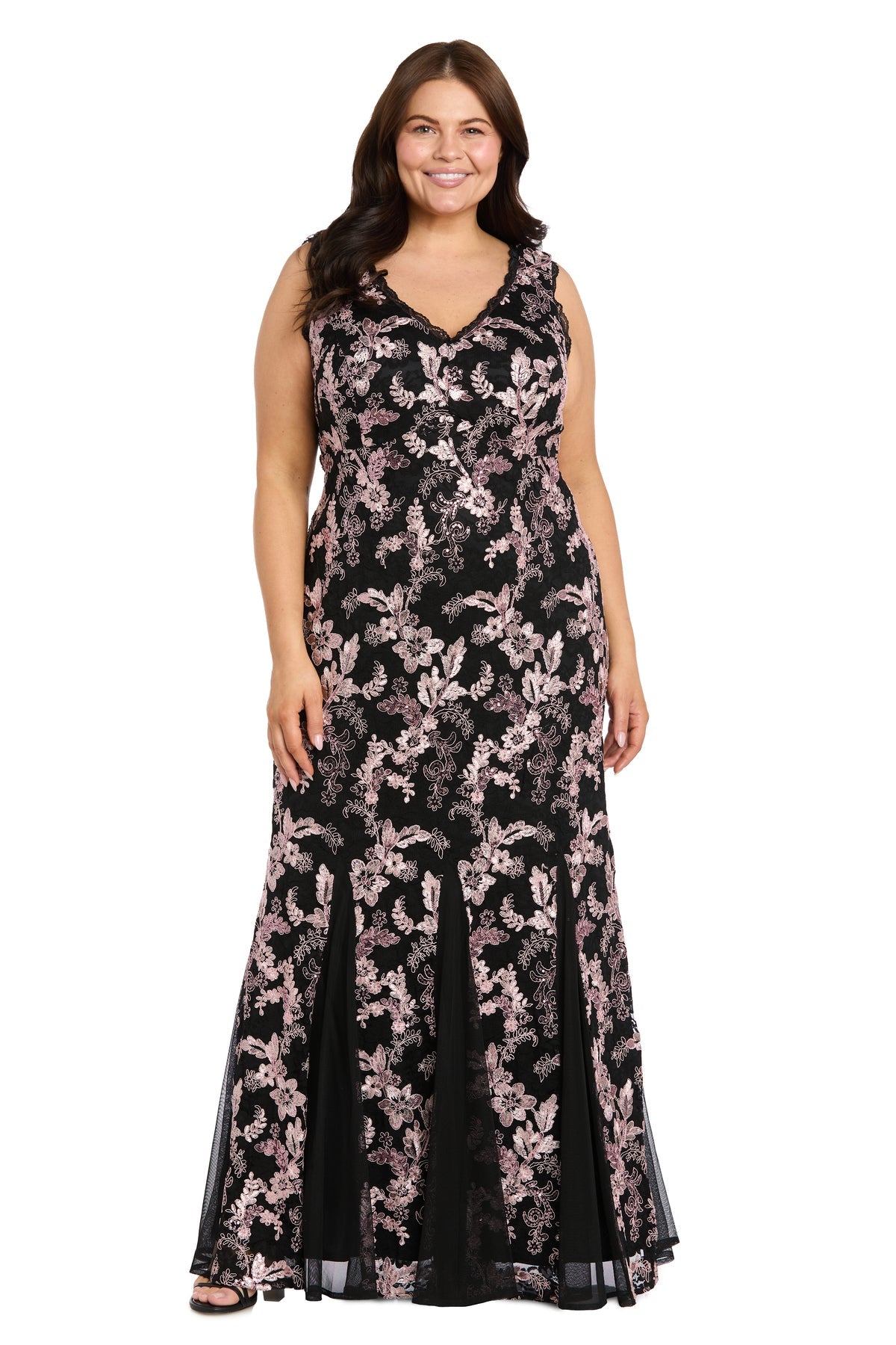 Black/Pink V-Neck Floor-Length Embroidered Brocade Formal Gown Chiffon Inserts R&M Richards 3819W