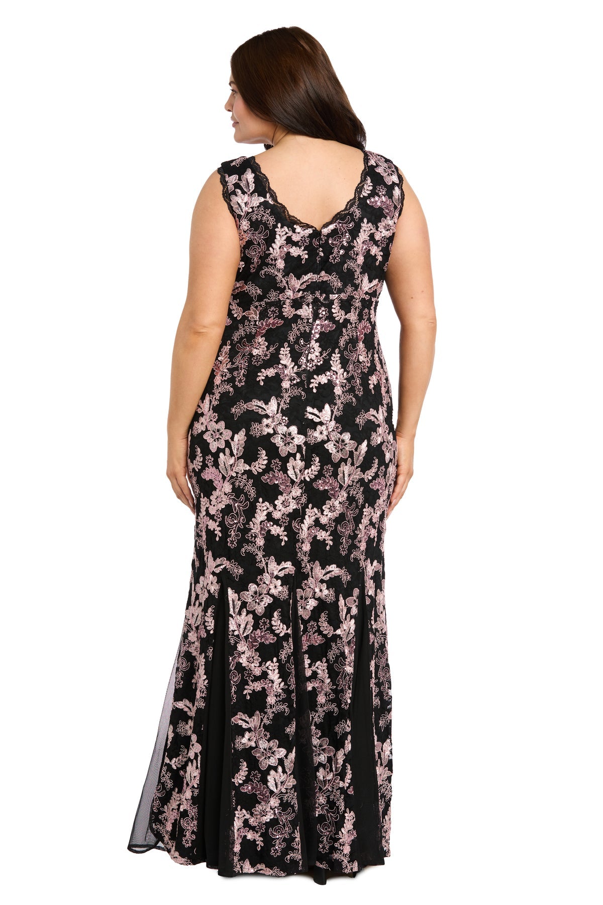 Black/Pink V-Neck Floor-Length Embroidered Brocade Formal Gown Chiffon Inserts R&M Richards 3819W