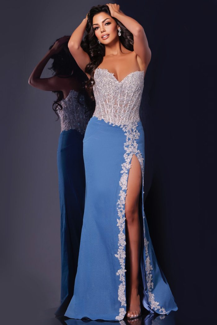 Jovani 43341 Long Floral Denim Gown Formal Prom Dress
