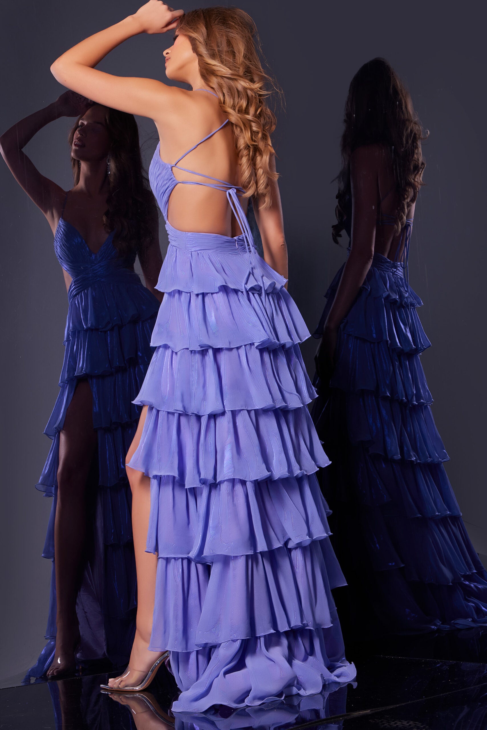 Jovani 38285 Formal A Line Long Metallic Tiered Prom Dress