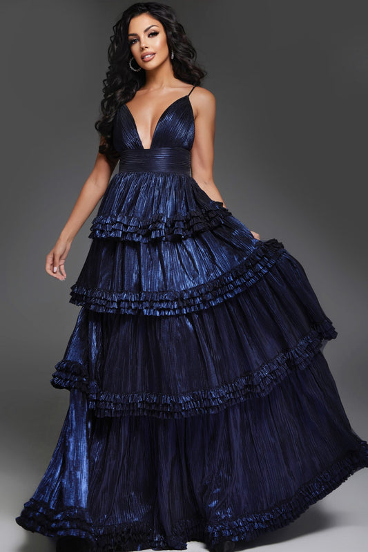 Prom Dresses Formal Tiered Metallic Long Ball Gown Prom Dress Navy