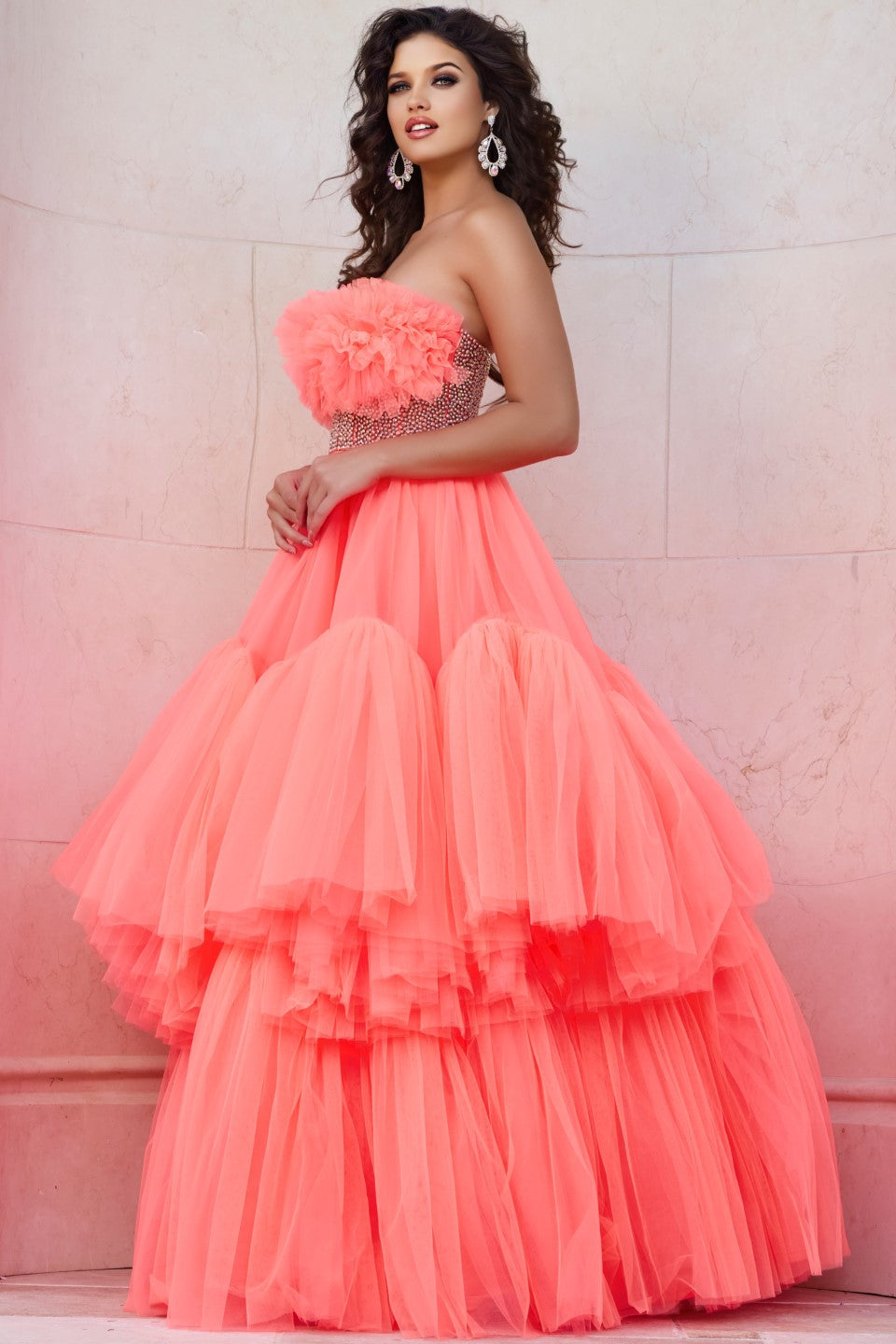 Prom Dresses Long Formal Tiered Ball Gown Beaded Prom Dress Neon Orange