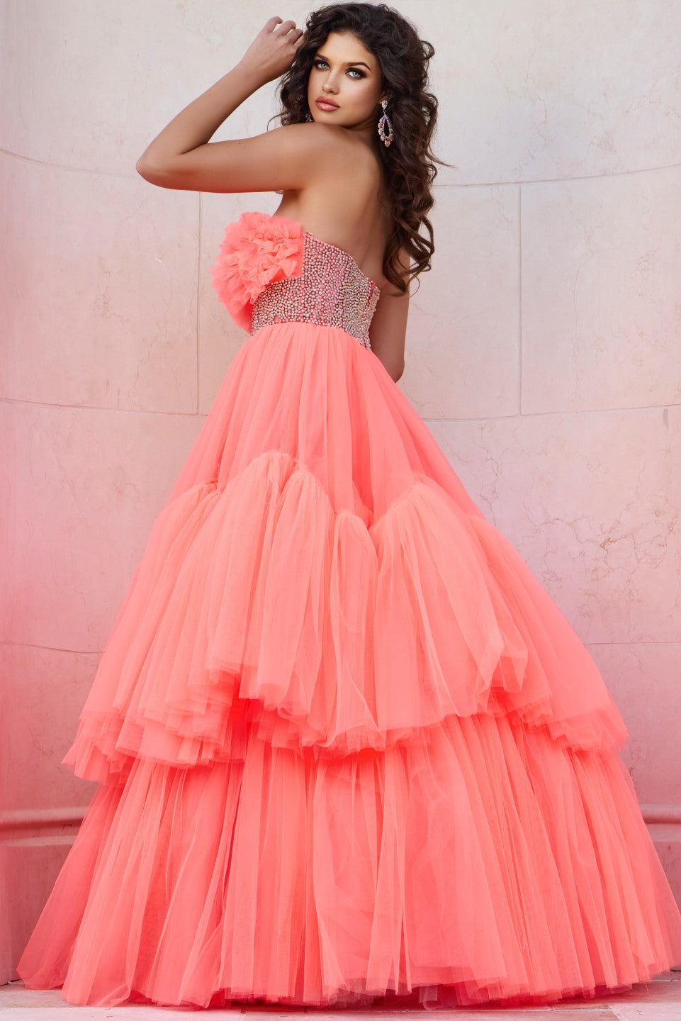 Prom Dresses Long Formal Tiered Ball Gown Beaded Prom Dress Neon Orange