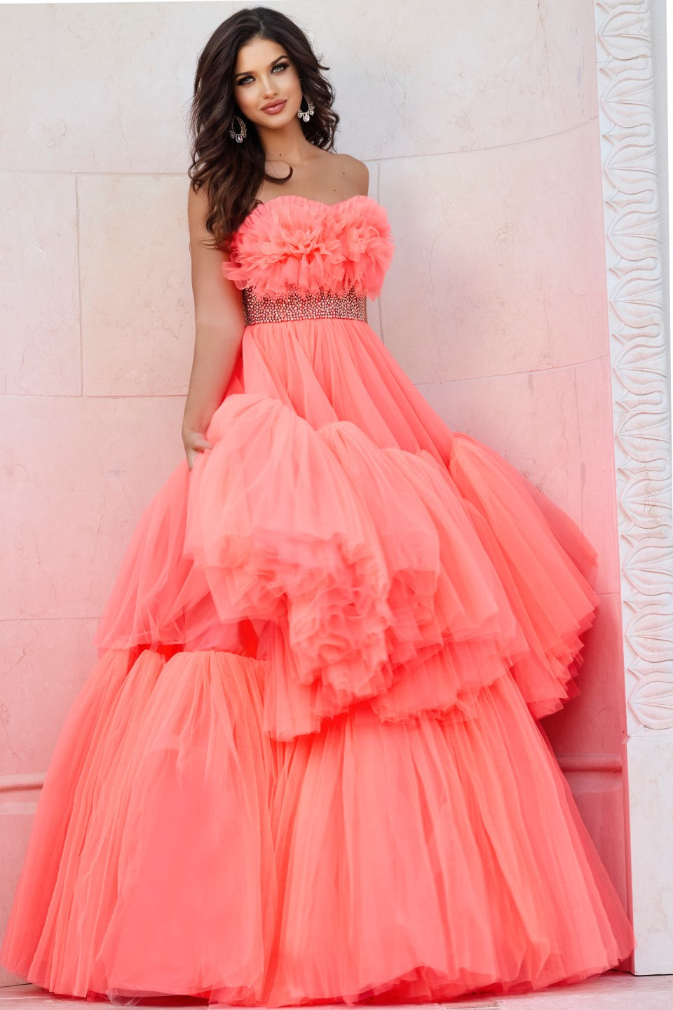 Prom Dresses Long Formal Tiered Ball Gown Beaded Prom Dress Neon Orange