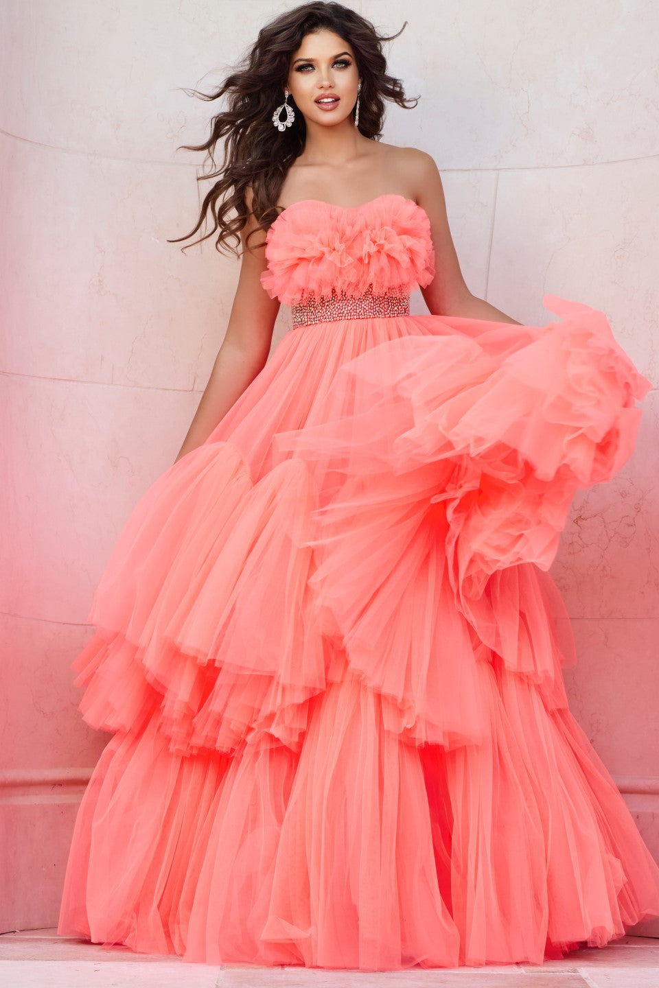 Prom Dresses Long Formal Tiered Ball Gown Beaded Prom Dress Neon Orange
