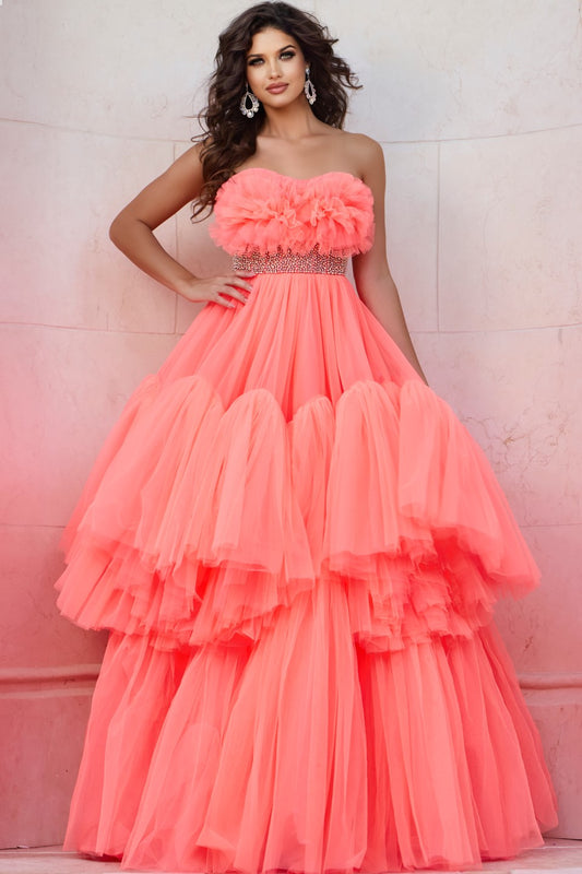 Prom Dresses Long Formal Tiered Ball Gown Beaded Prom Dress Neon Orange