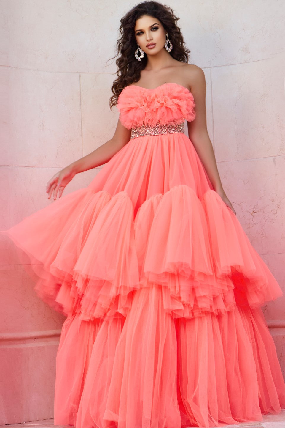 Prom Dresses Long Formal Tiered Ball Gown Beaded Prom Dress Neon Orange