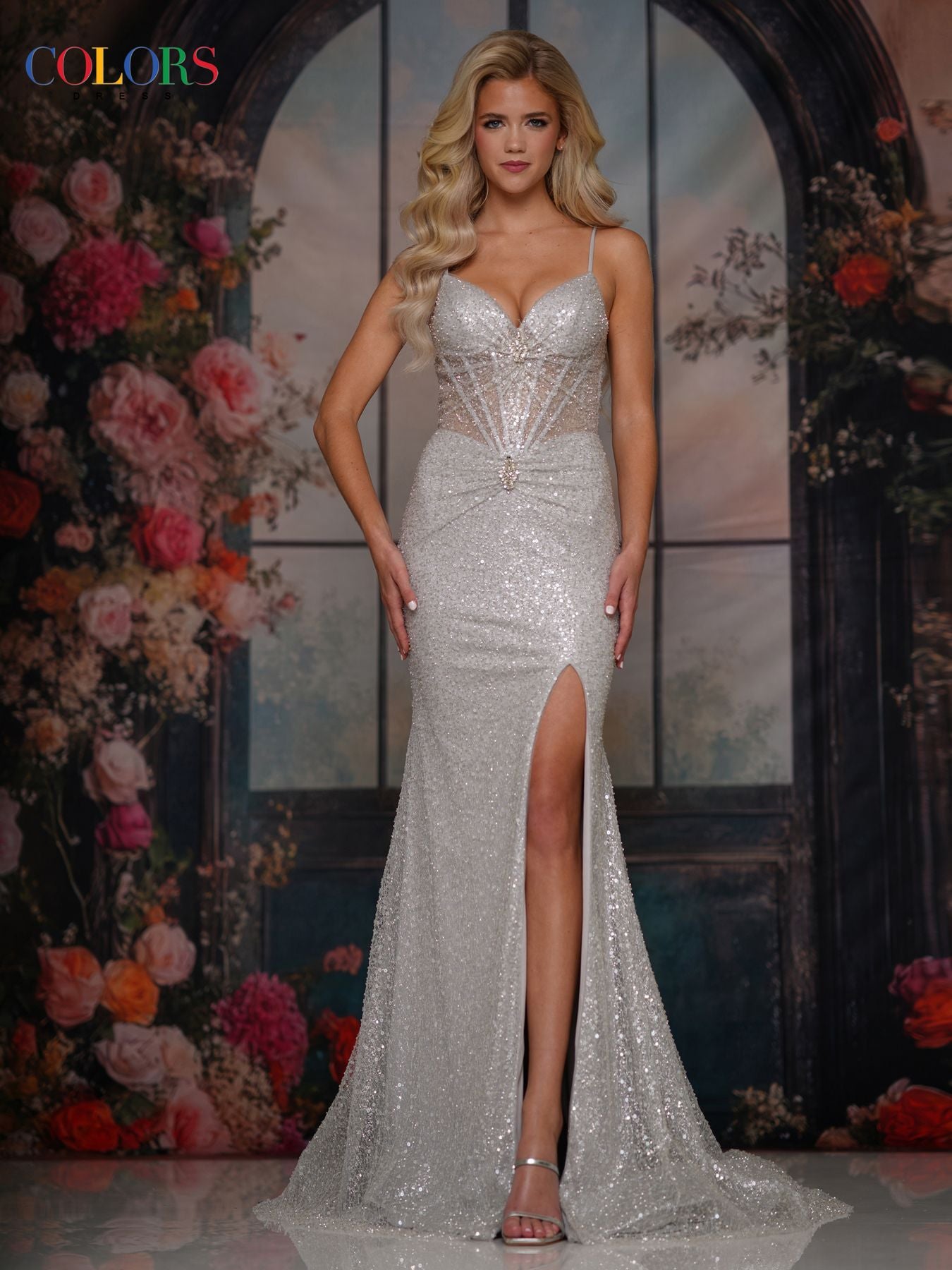 Prom Dresses Beaded Sequin Long Formal Prom Dress Silver