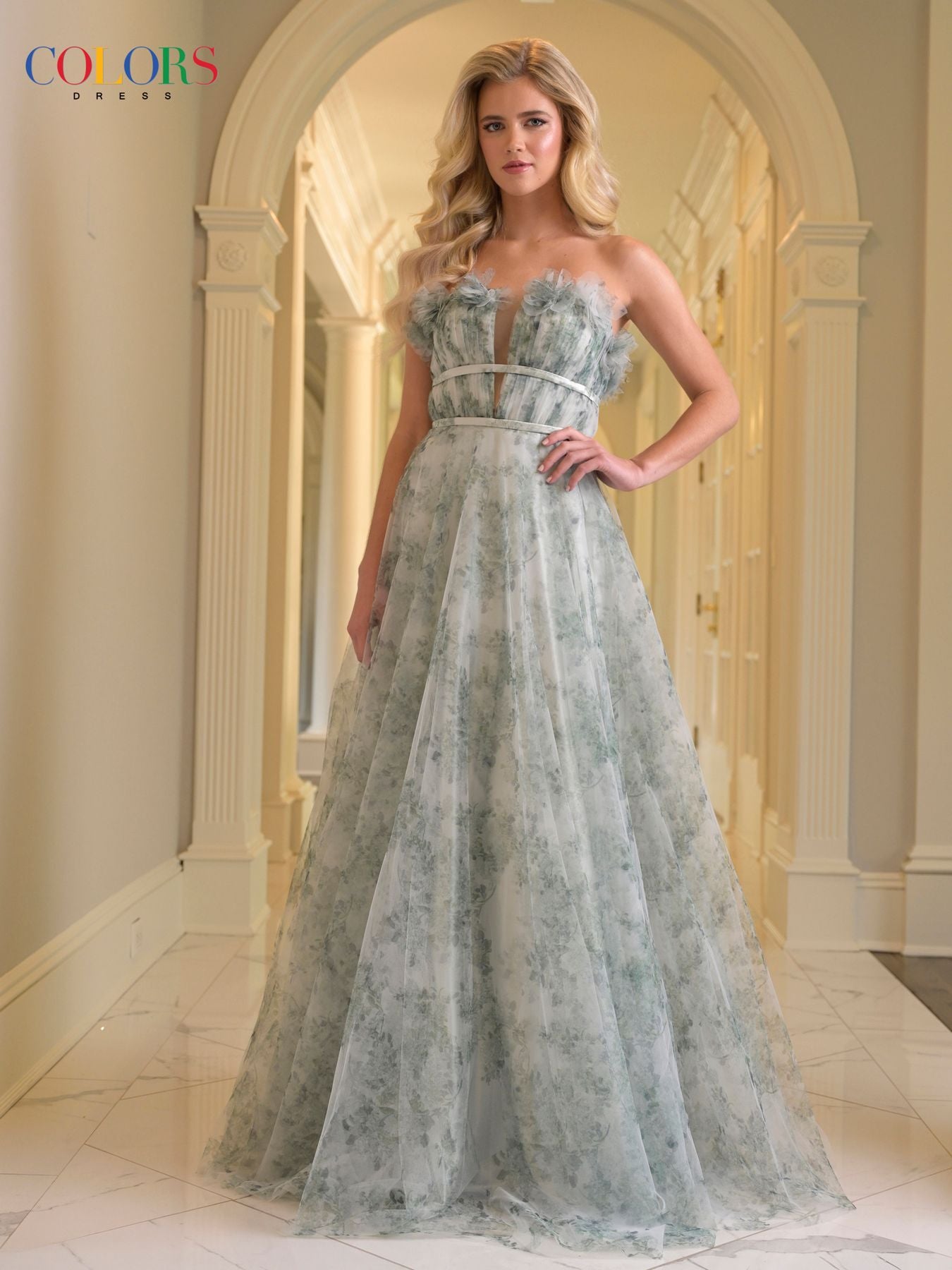 Prom Dresses Long Formal 3D Floral Print A Line Prom Dress Sage